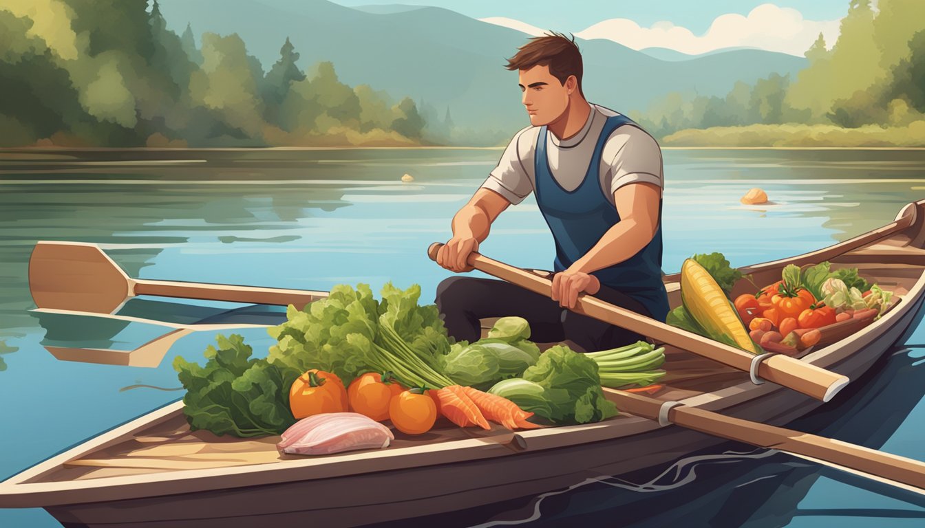 A rowing boat filled with raw meat, fish, and vegetables. A rower sits nearby, looking strong and healthy