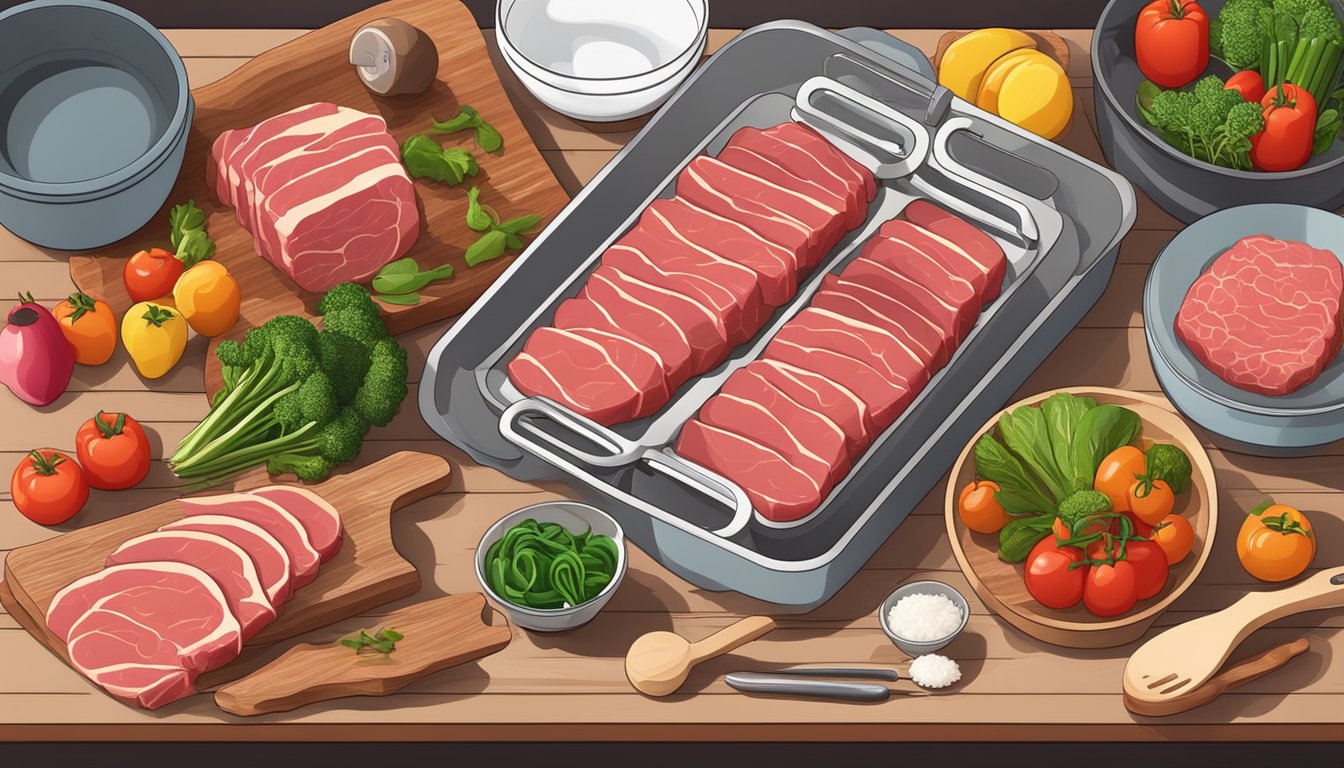 A kitchen counter with raw meat, vegetables, and cooking utensils for carnivore meal prep