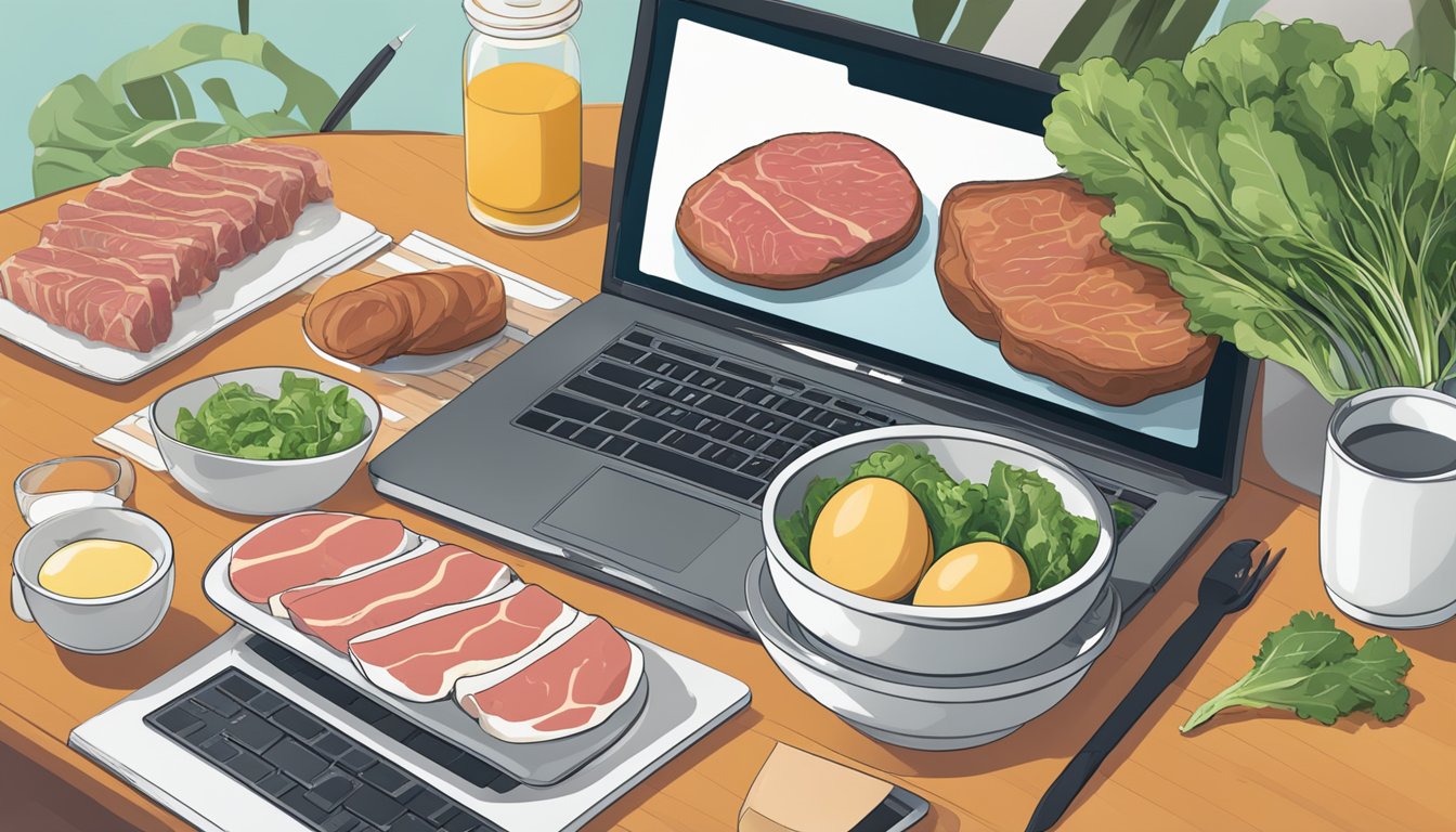 A table with a variety of raw meats, eggs, and leafy greens. A laptop with code on the screen sits nearby