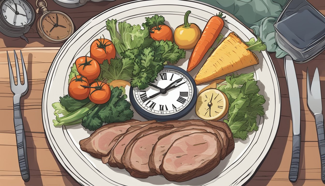 A plate of assorted meats and vegetables arranged on a table, with a clock in the background showing late-night hours