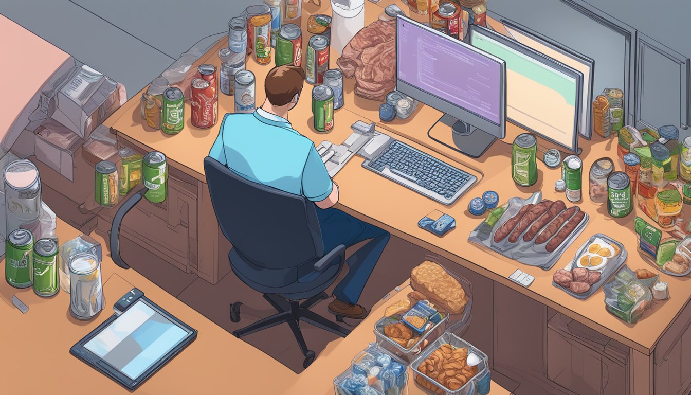 A desk cluttered with meat, eggs, and dairy. A computer screen displays "Carnivore Diet for Programmers." A developer sits, focused, surrounded by empty energy drink cans