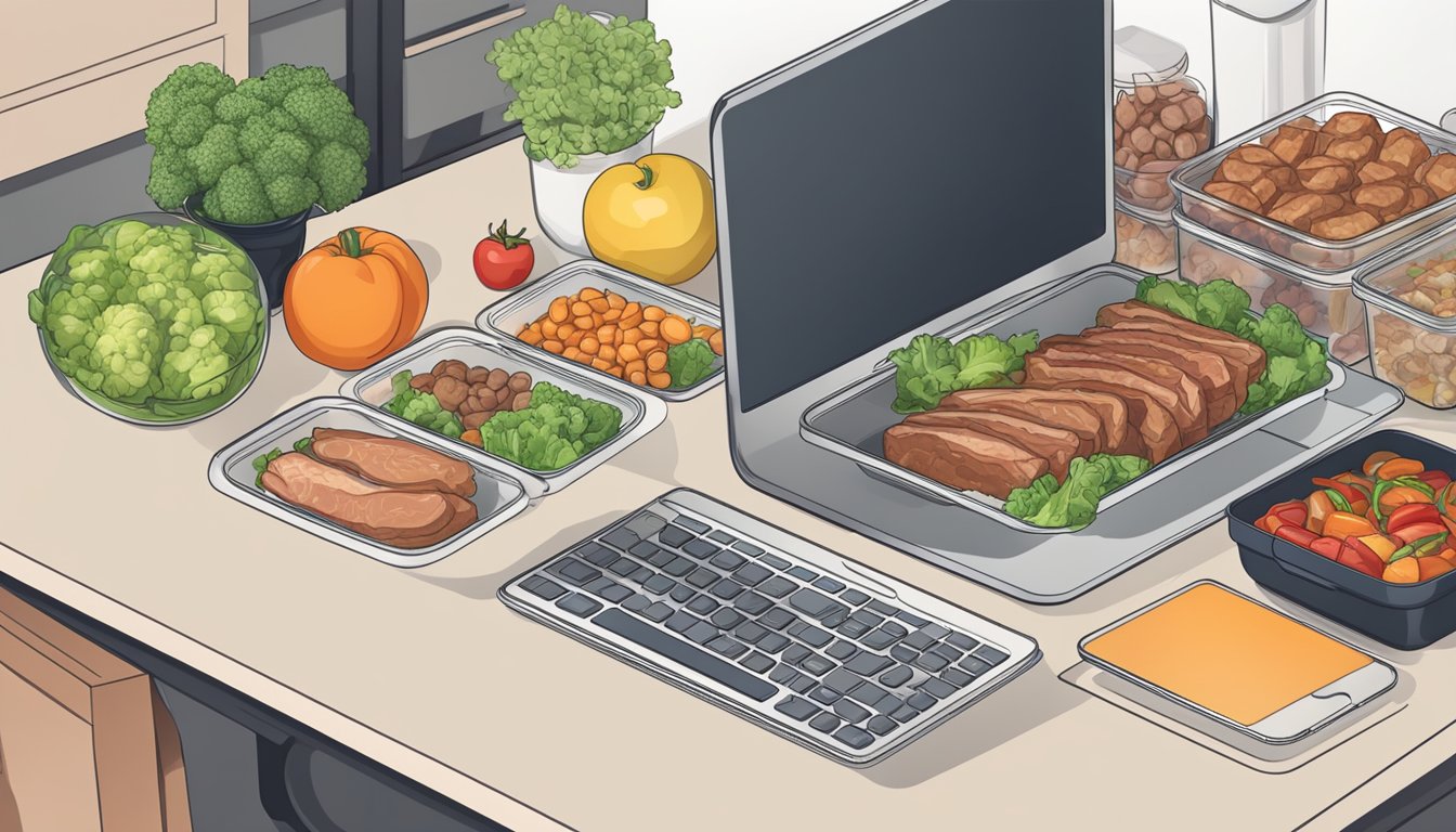 A desk with a laptop, calculator, and meal prep containers filled with meat, vegetables, and fruits