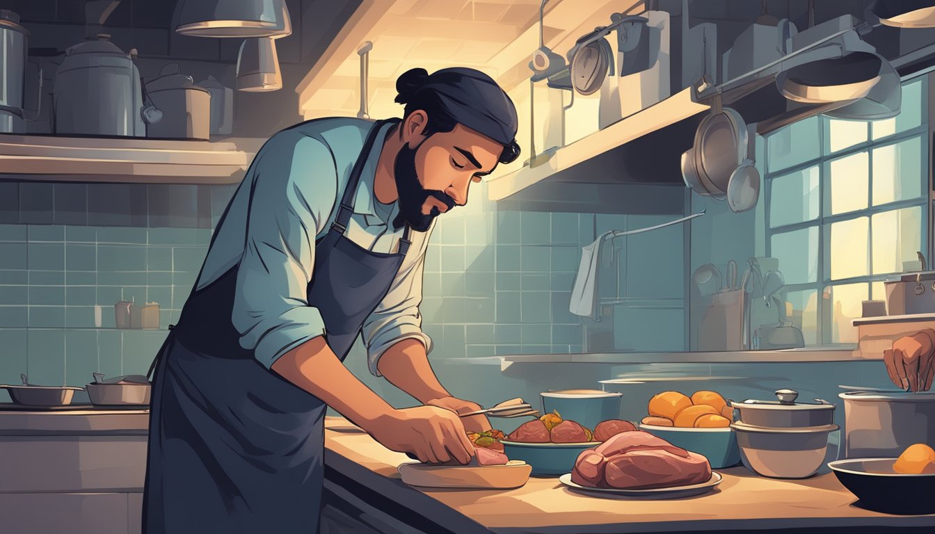 A night shift worker preparing a meal of meat and animal products in a dimly lit kitchen, with a clock showing the late hour and a tired expression on their face