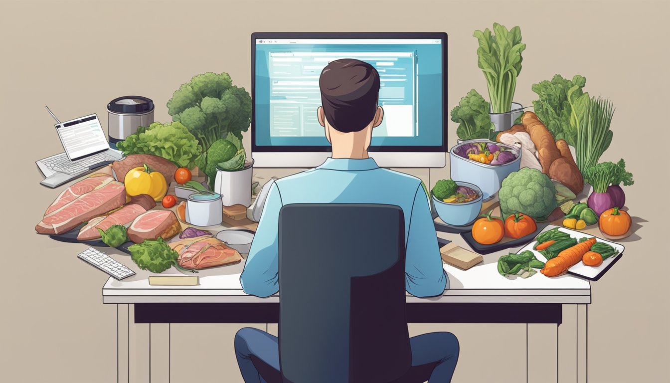 A software developer surrounded by various meats and vegetables, with a computer and coding materials nearby