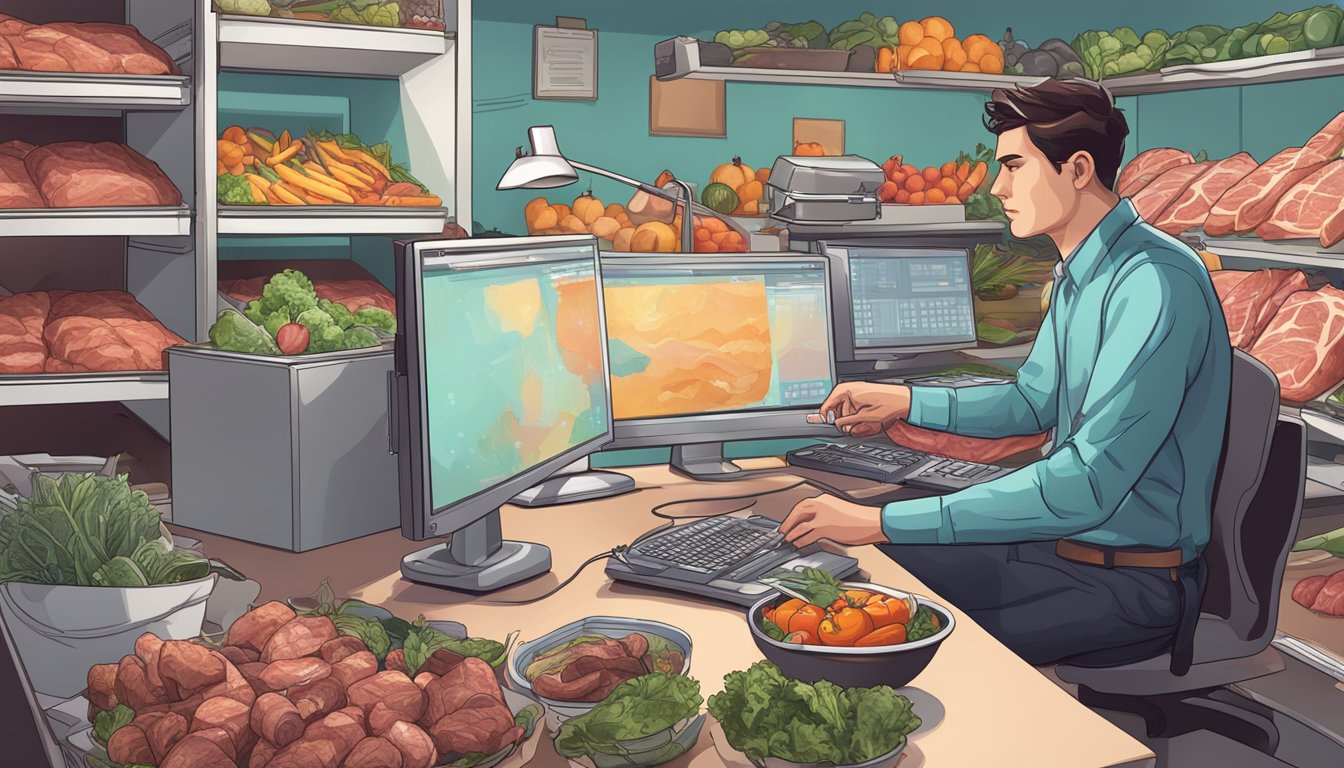 A software developer surrounded by meat, vegetables, and a computer