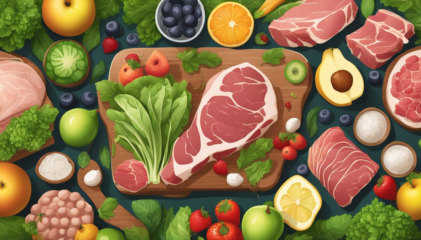 A variety of fresh, raw meats and animal products laid out on a wooden cutting board, surrounded by vibrant green leafy vegetables and colorful fruits