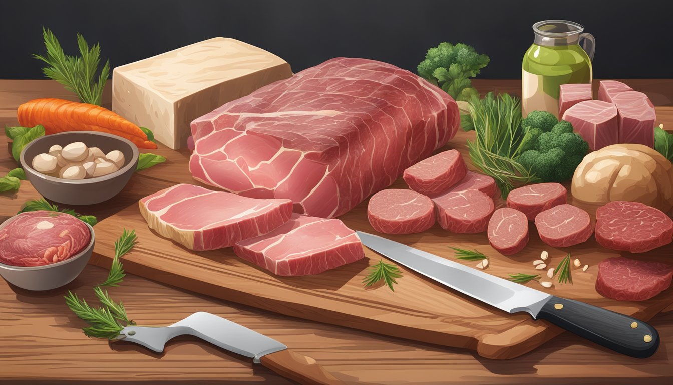 A variety of fresh, raw meats and animal products displayed on a wooden table. A knife and cutting board are nearby