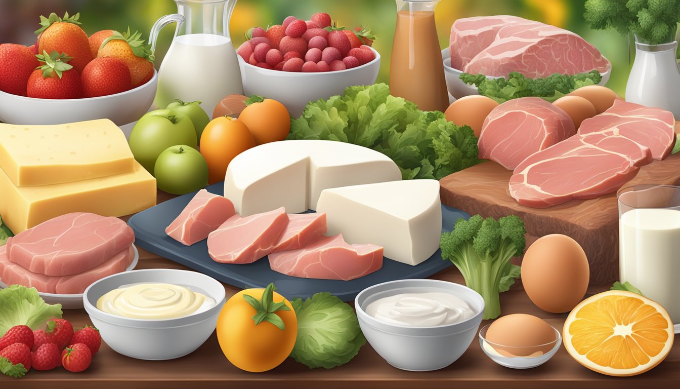 A variety of fresh, lean meats, eggs, and dairy products arranged on a table, surrounded by colorful fruits and vegetables