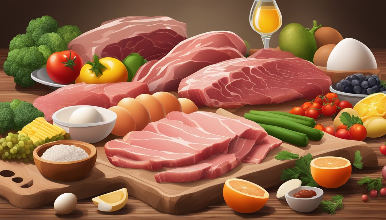 A variety of fresh, raw meats, eggs, and organ meats arranged on a wooden cutting board with a selection of vibrant vegetables and fruits in the background