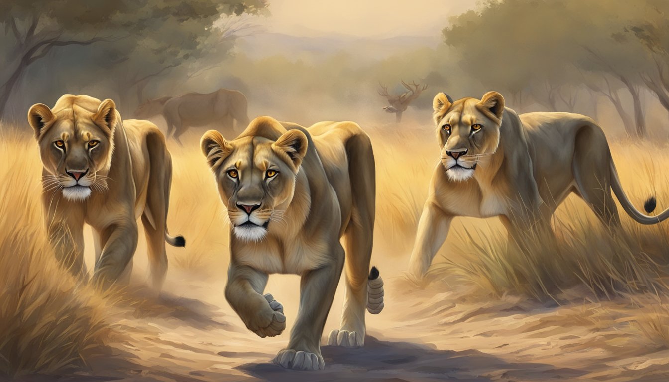 A senior lioness cautiously approaches a fresh kill, while other members of the pride stand watch, ready to defend their meal