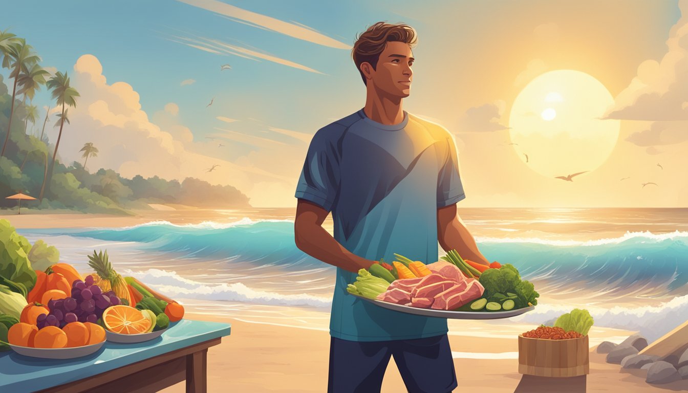 A surfer standing on a beach, holding a plate of meat and fish, surrounded by fresh fruits and vegetables. The sun is shining, and the waves are crashing in the background