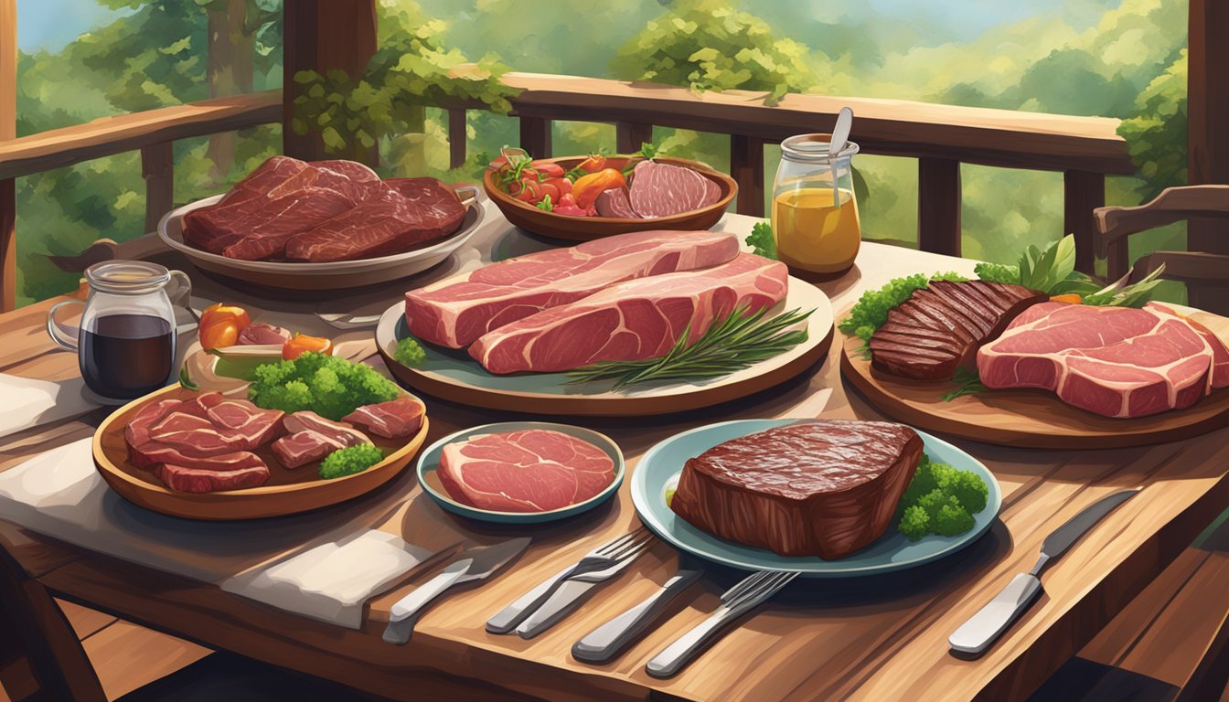 A serene, rustic dining table set with a variety of raw meats, including steaks, ribs, and poultry, surrounded by lush greenery and natural lighting