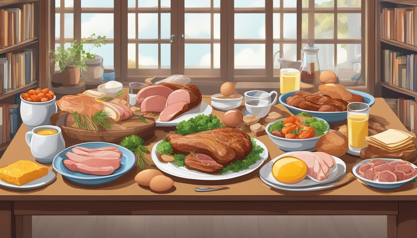 A table set with various meats, eggs, and animal products, surrounded by books on nutrition and social work