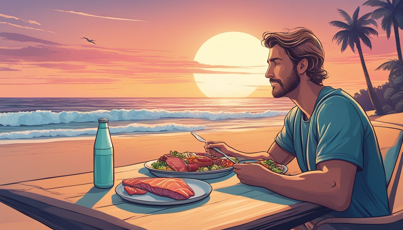 A surfer enjoying a meal of fresh, raw meat and fish on a beach at sunset