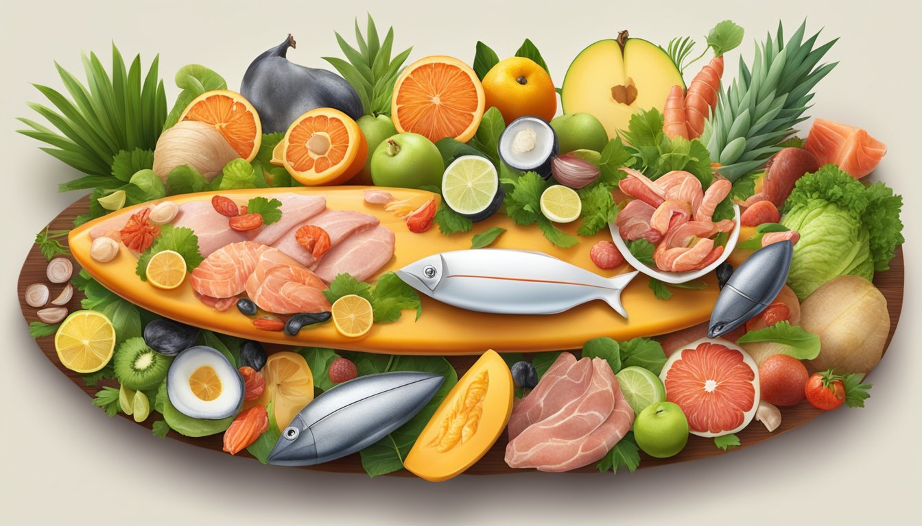 A surfboard with various types of meat and seafood arranged on it, surrounded by tropical fruits and vegetables