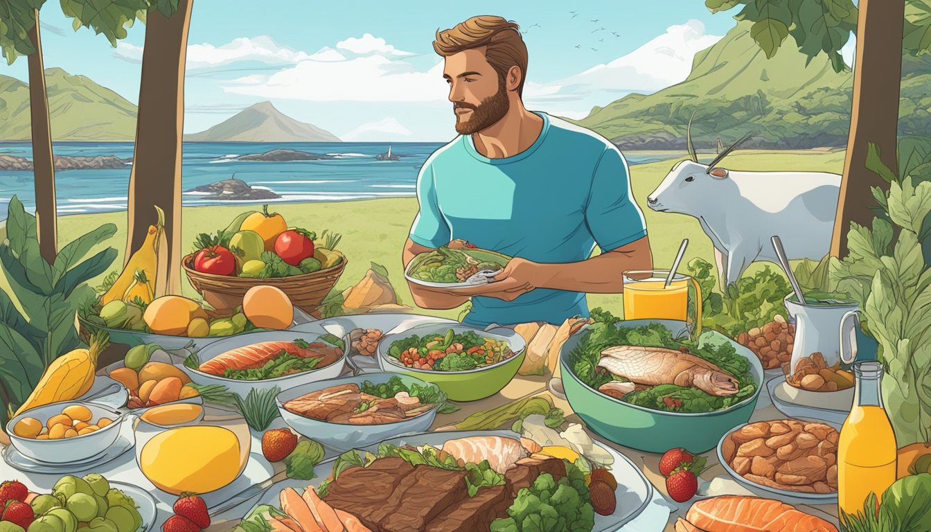 A surfer enjoying a meal of fresh fish, eggs, and grass-fed beef while surrounded by fruits, vegetables, and nuts. The scene depicts the balance of nutrients in a carnivore diet