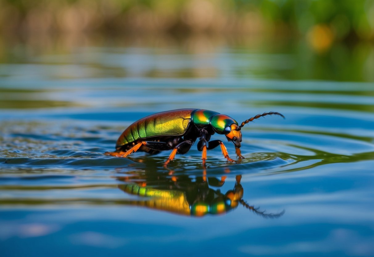 A great diving beetle skims the surface of a tranquil pond, its iridescent body catching the sunlight as it searches for prey