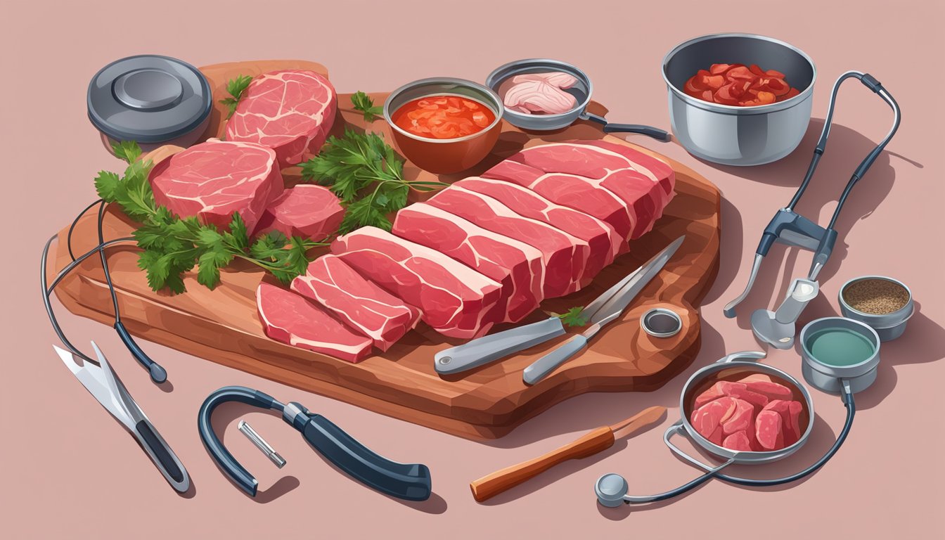 A table filled with various cuts of raw meat, surrounded by bloodied utensils and a stethoscope