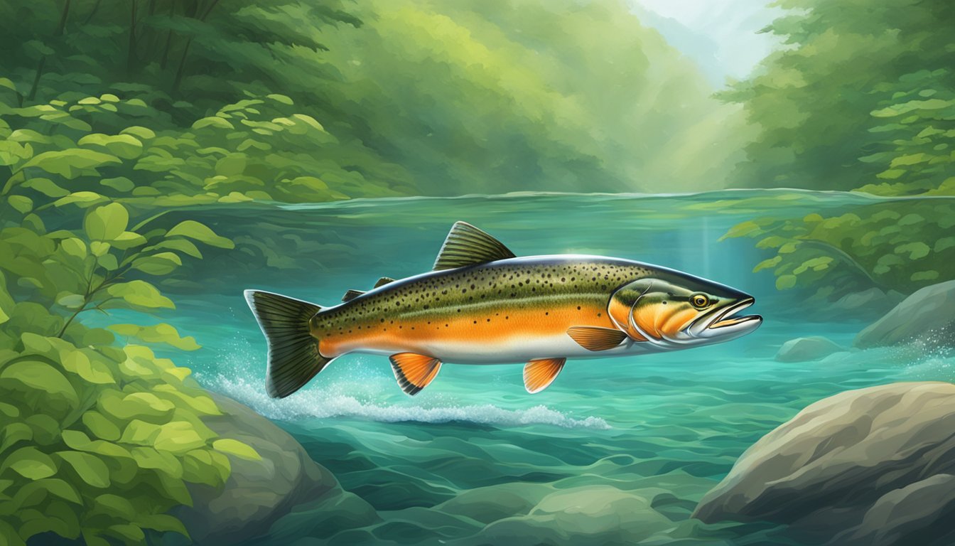 A wild Atlantic salmon swimming in a clear, pristine river surrounded by lush green foliage and diverse aquatic life