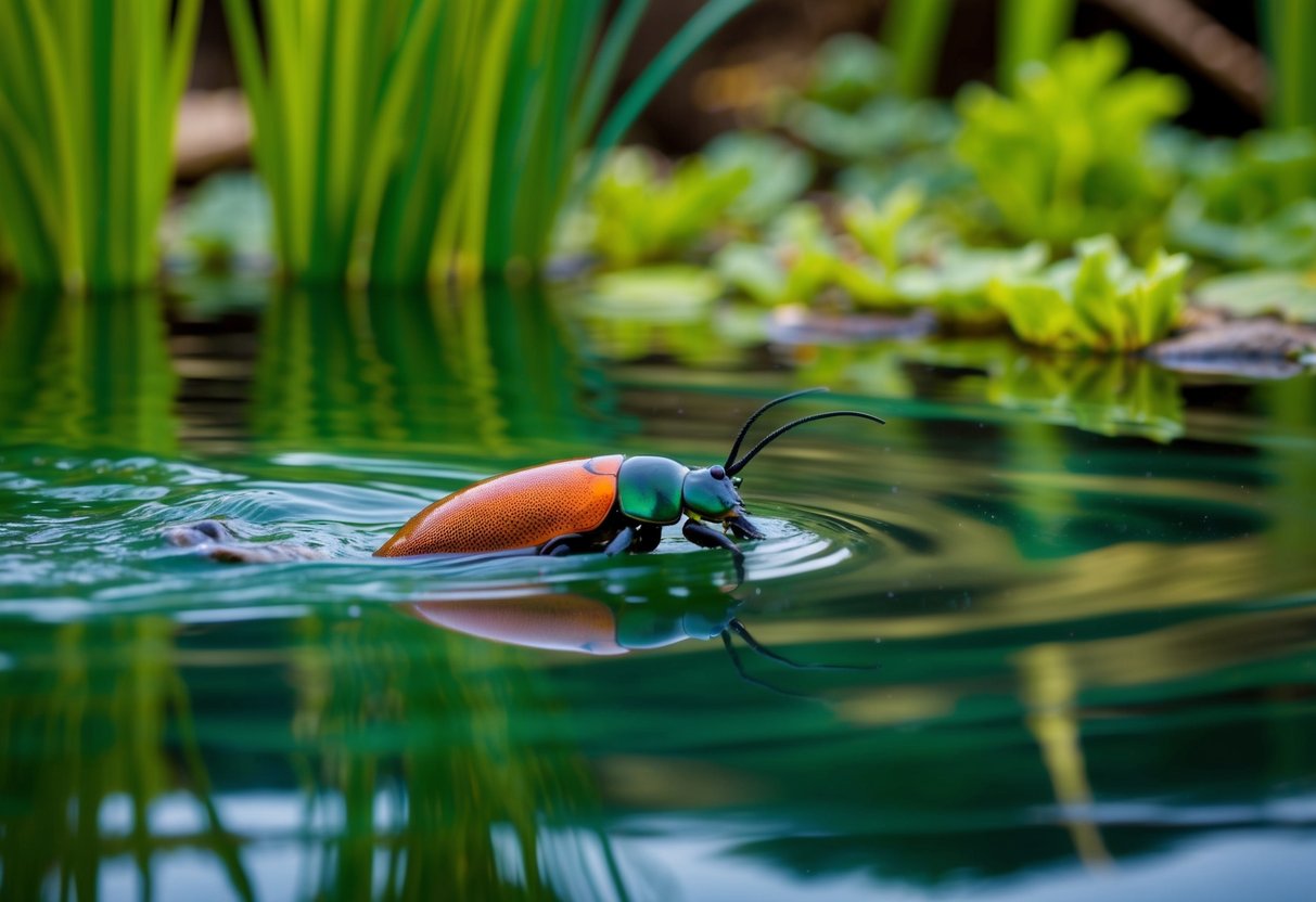 A great diving beetle swims gracefully through the clear, calm waters of a freshwater pond, surrounded by lush aquatic vegetation