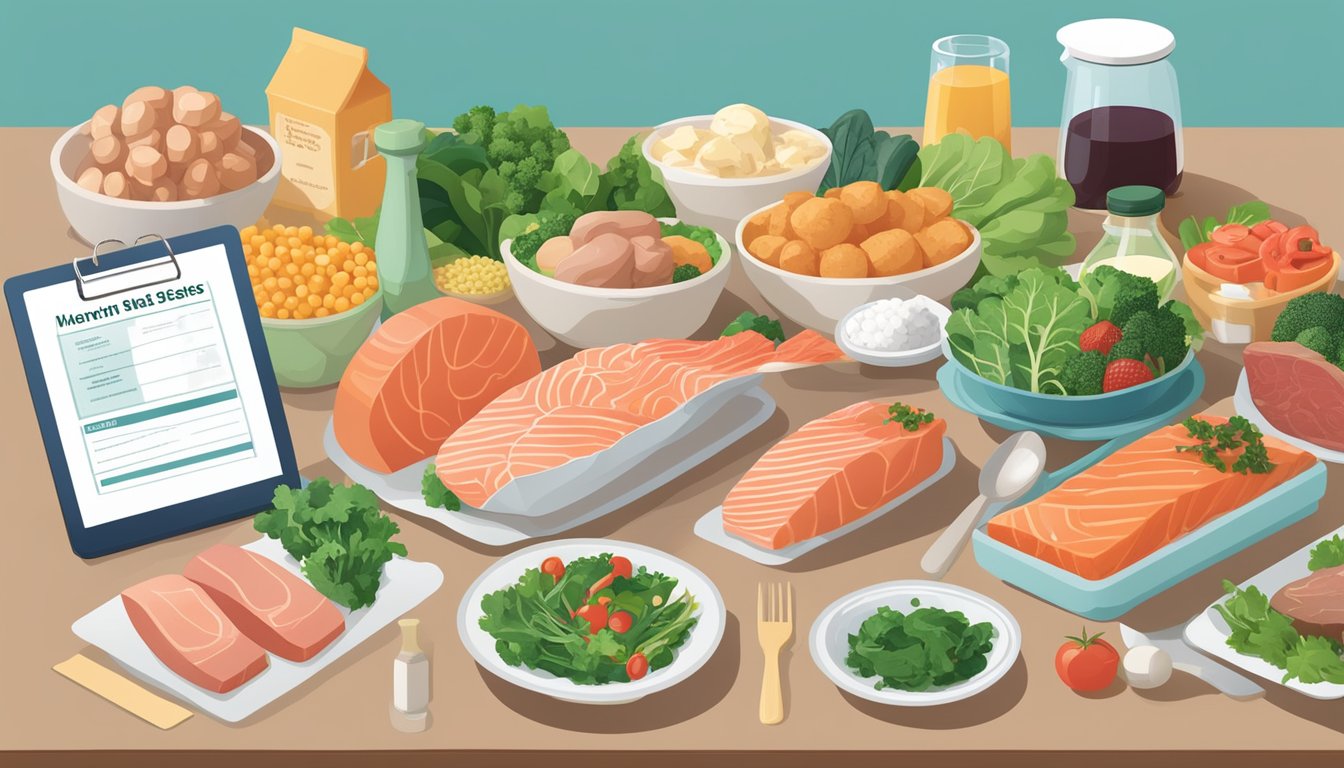 A variety of nutrient-rich foods, such as lean meats, fish, and leafy greens, are displayed alongside a heart disease test kit and dietary guidelines