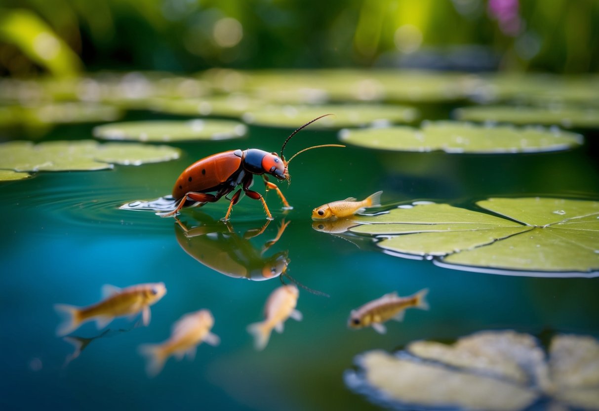 A great diving beetle swims towards a group of small fish, ready to catch its prey in a peaceful pond