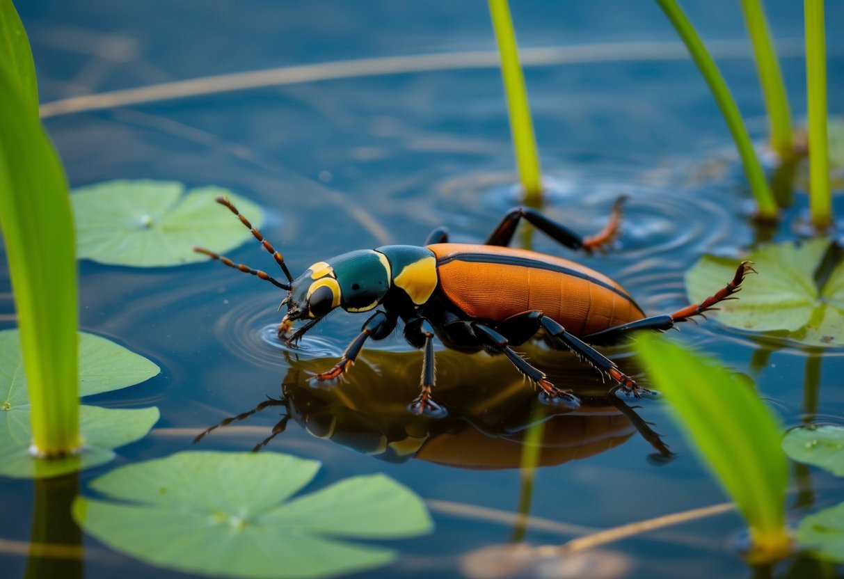 A great diving beetle swims among aquatic plants in a murky pond, its streamlined body and powerful legs adapted for swift movement in the water