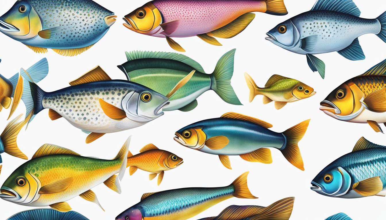 A variety of low-mercury fish displayed on a clean, white surface with vibrant colors and textures