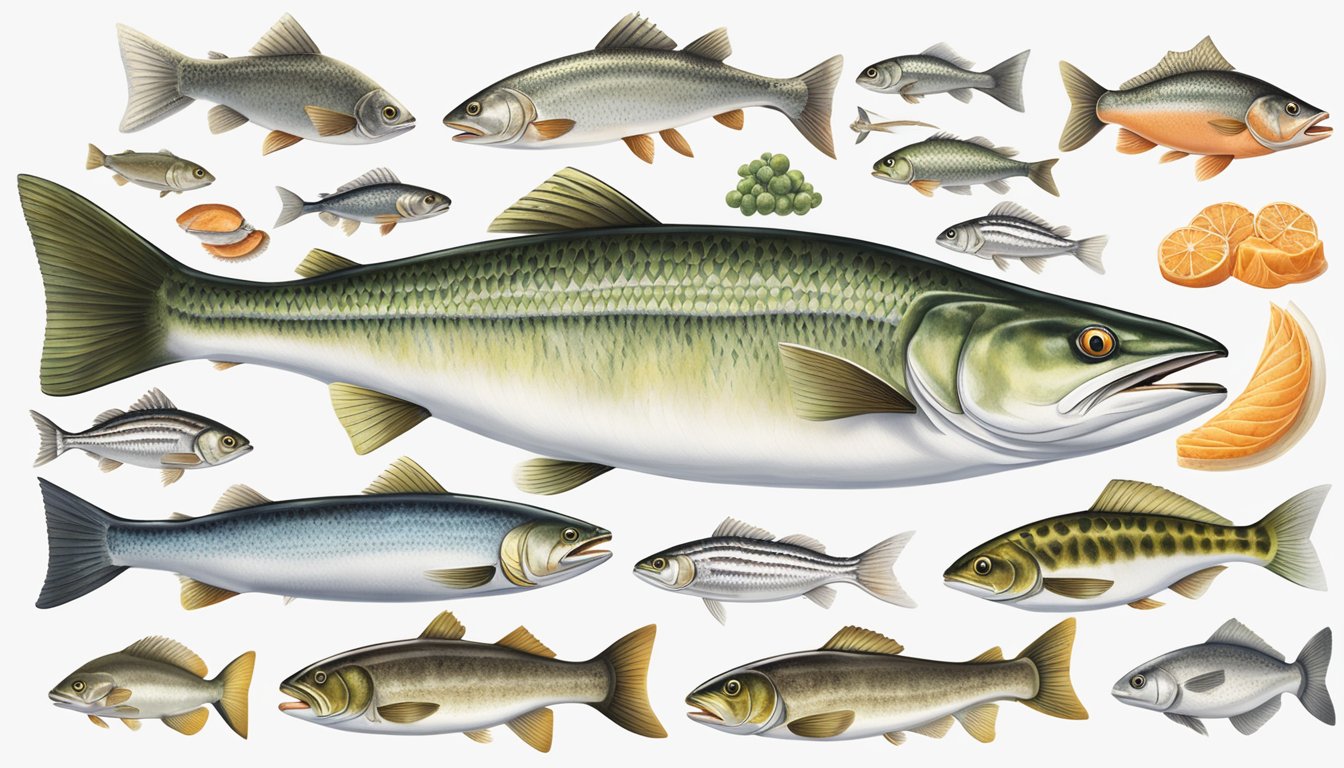 A carnivorous fish surrounded by various mercury-safe fish options, such as salmon, sardines, and trout, displayed on a clean, white surface