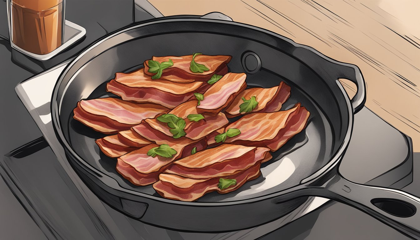 A sizzling strip of turkey bacon cooks in a skillet, releasing its savory aroma as it crisps up, ready to be enjoyed on the carnivore diet