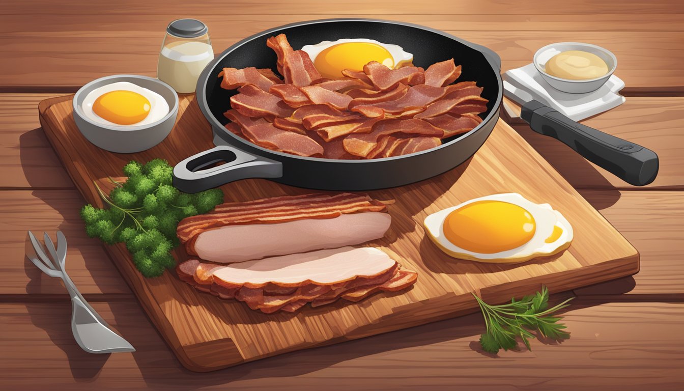 A sizzling skillet holds crispy strips of turkey bacon, surrounded by raw meat and eggs, all on a wooden cutting board