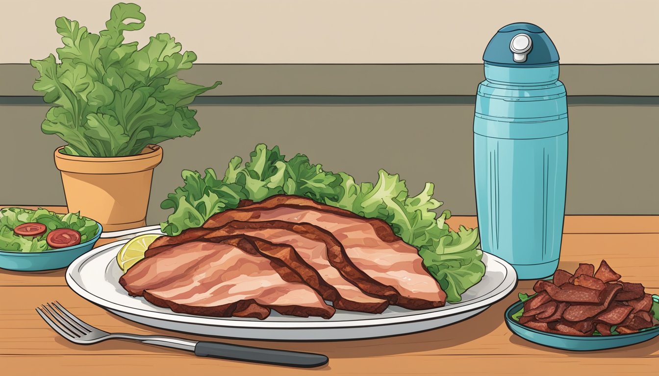 A plate of sizzling turkey bacon next to a lush green salad, with a reusable water bottle and a compost bin nearby