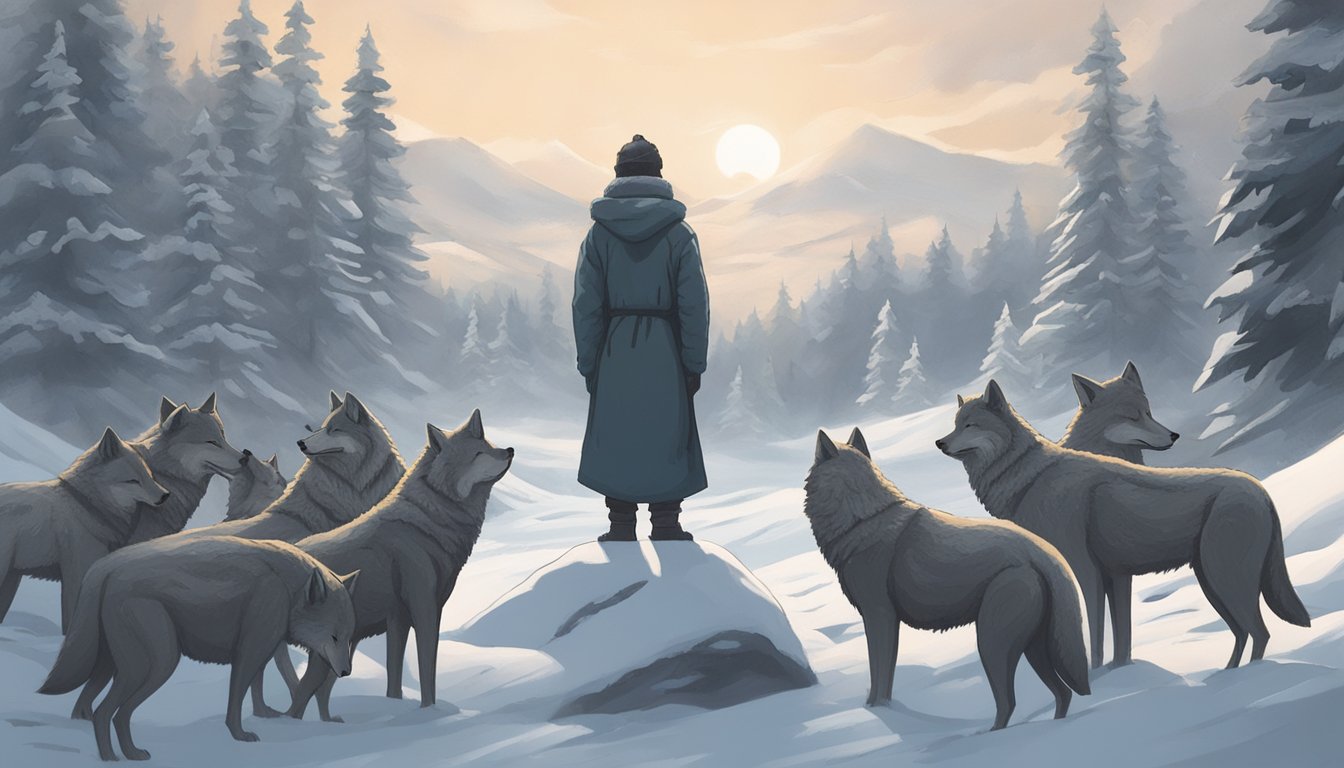 A figure meditates in a snowy landscape, surrounded by a pack of wolves. The figure breathes deeply, exuding strength and resilience