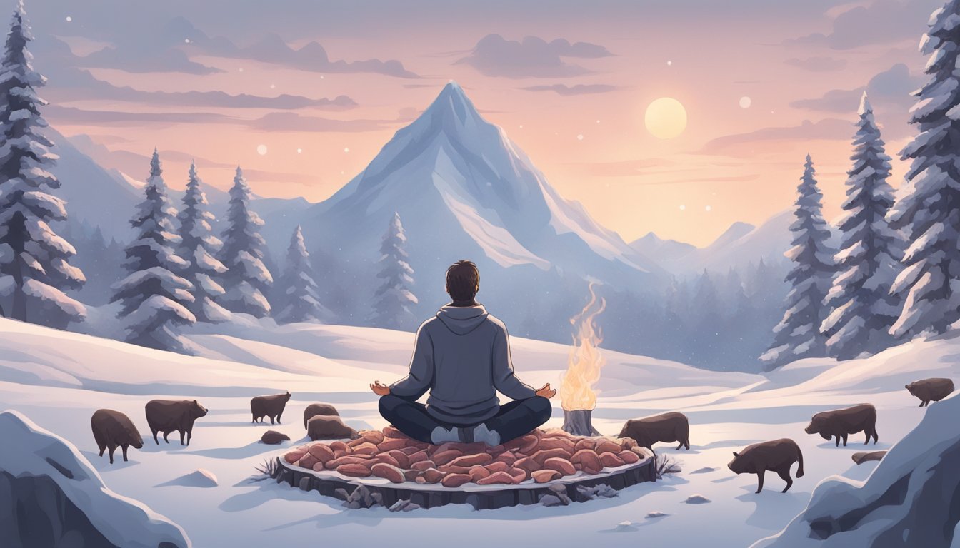 A figure meditates in a snowy landscape, surrounded by raw meat and bones, practicing the Wim Hof breathing technique