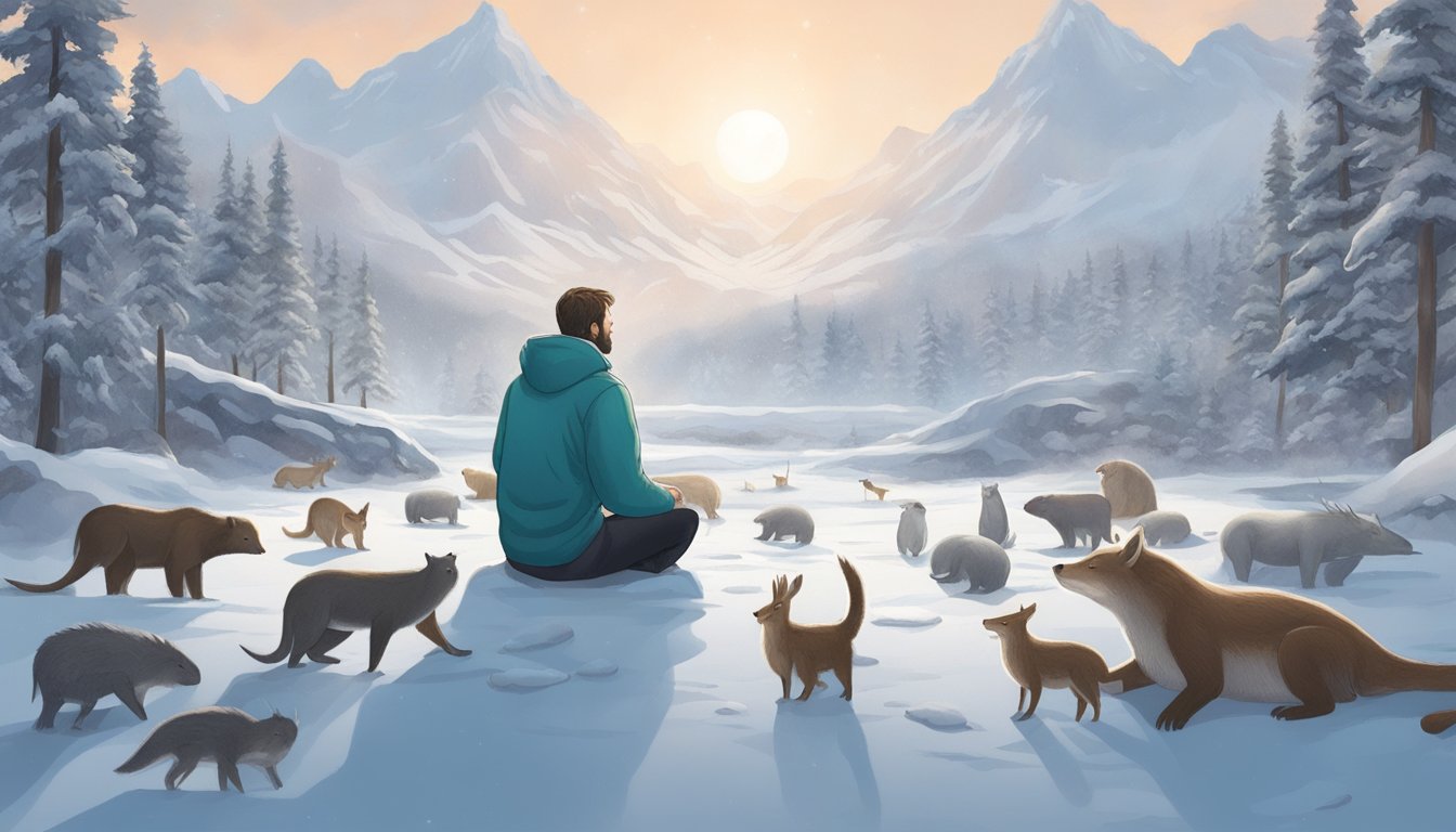 A serene, snowy landscape with a figure breathing deeply, surrounded by a circle of carnivorous animals, symbolizing the power of the Wim Hof breathing technique for carnivore dieters