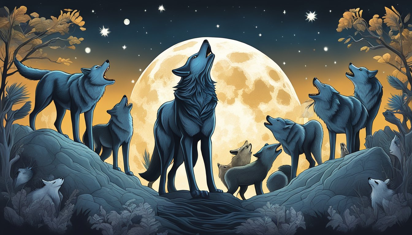 A wolf howling under the full moon, surrounded by a circle of carnivorous animals breathing deeply in unison