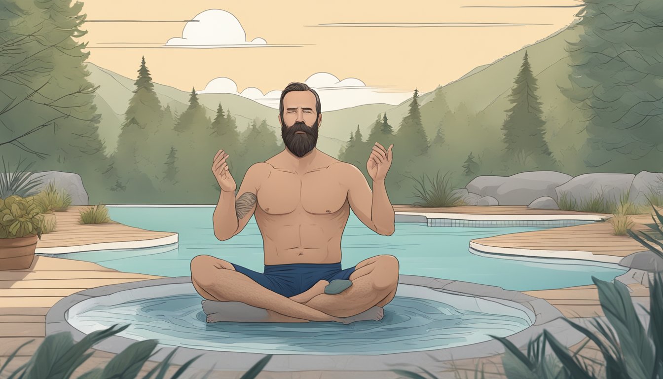 A carnivore dieter practices the Wim Hof breathing technique in a serene outdoor setting, surrounded by safety guidelines and potential risks