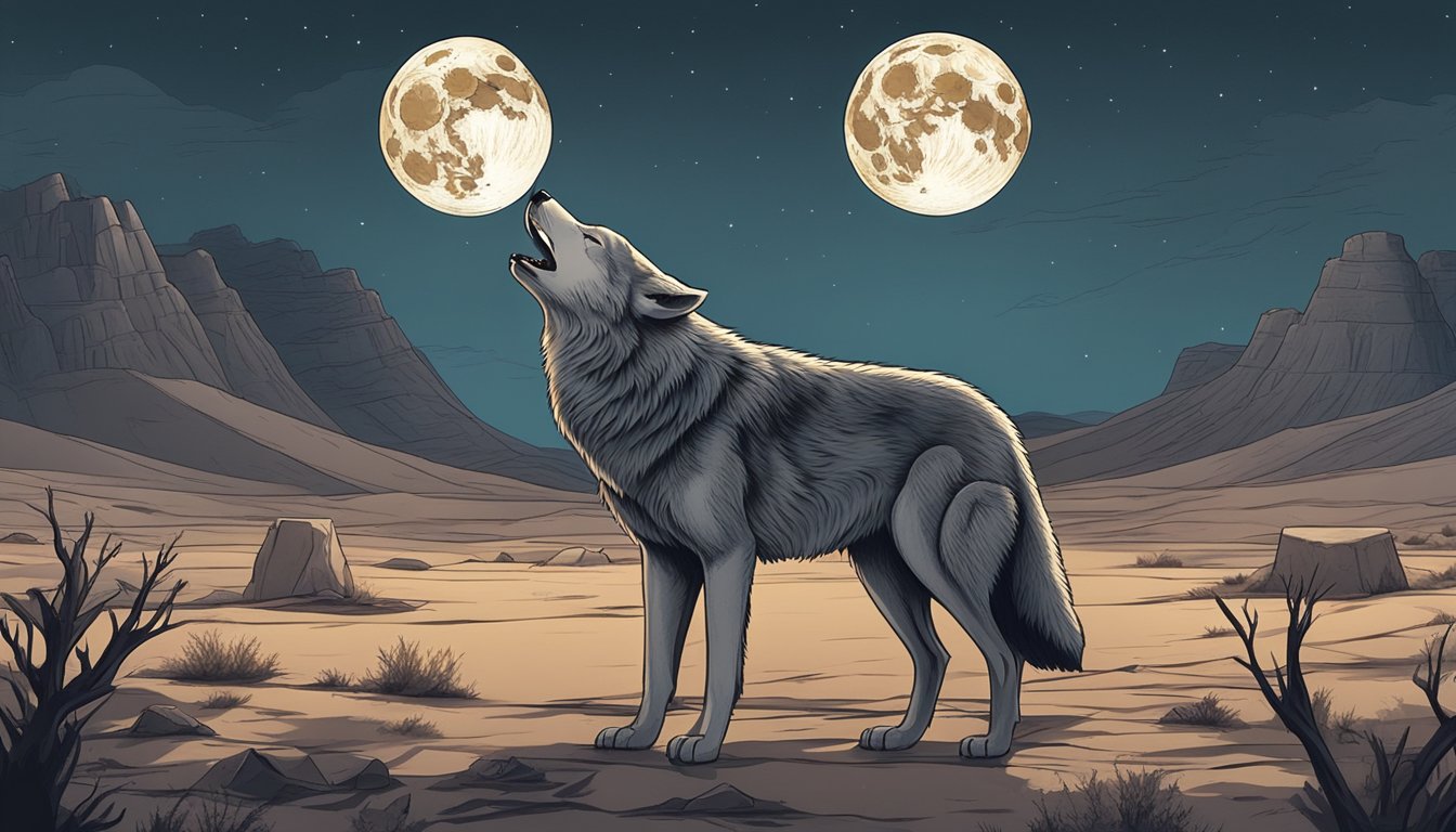 A lone wolf howls under a full moon, surrounded by a barren landscape of bones and raw meat