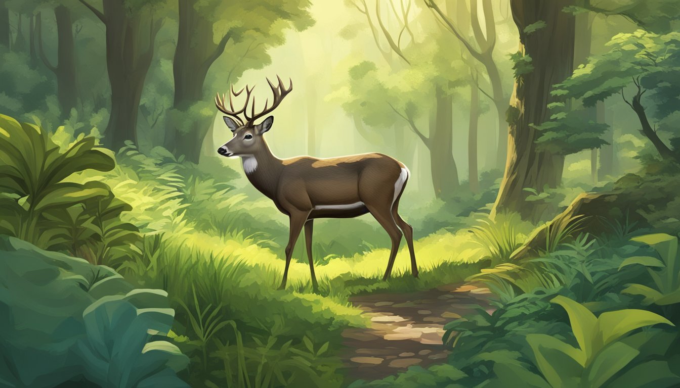 A deer grazing in a lush forest, surrounded by various plants and trees. Its strong and healthy appearance showcases the nutritional value of venison in a carnivore's diet