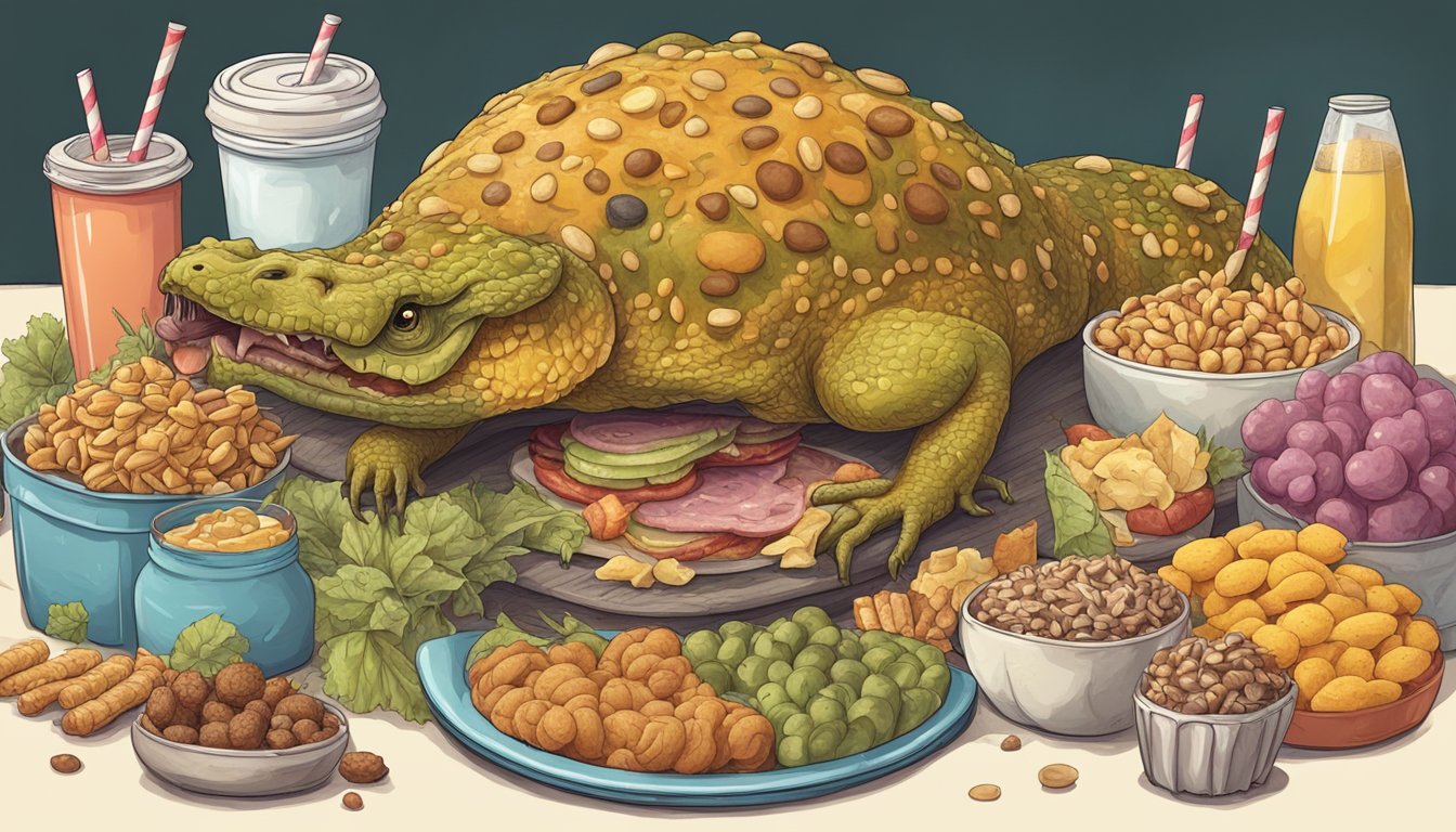 A carnivorous animal surrounded by unhealthy food, looking sick and distressed