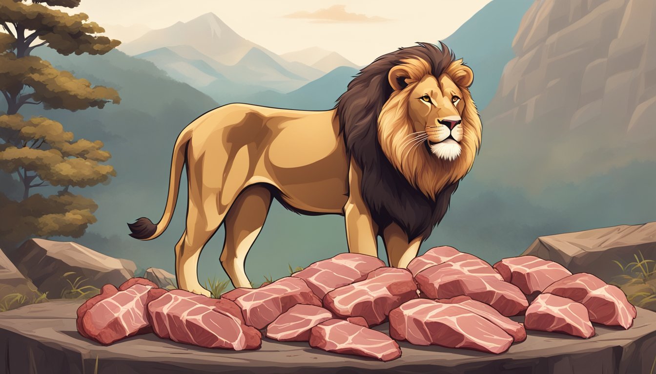 A lion standing proudly next to a pile of freshly caught meat, with a clear expression of satisfaction on its face