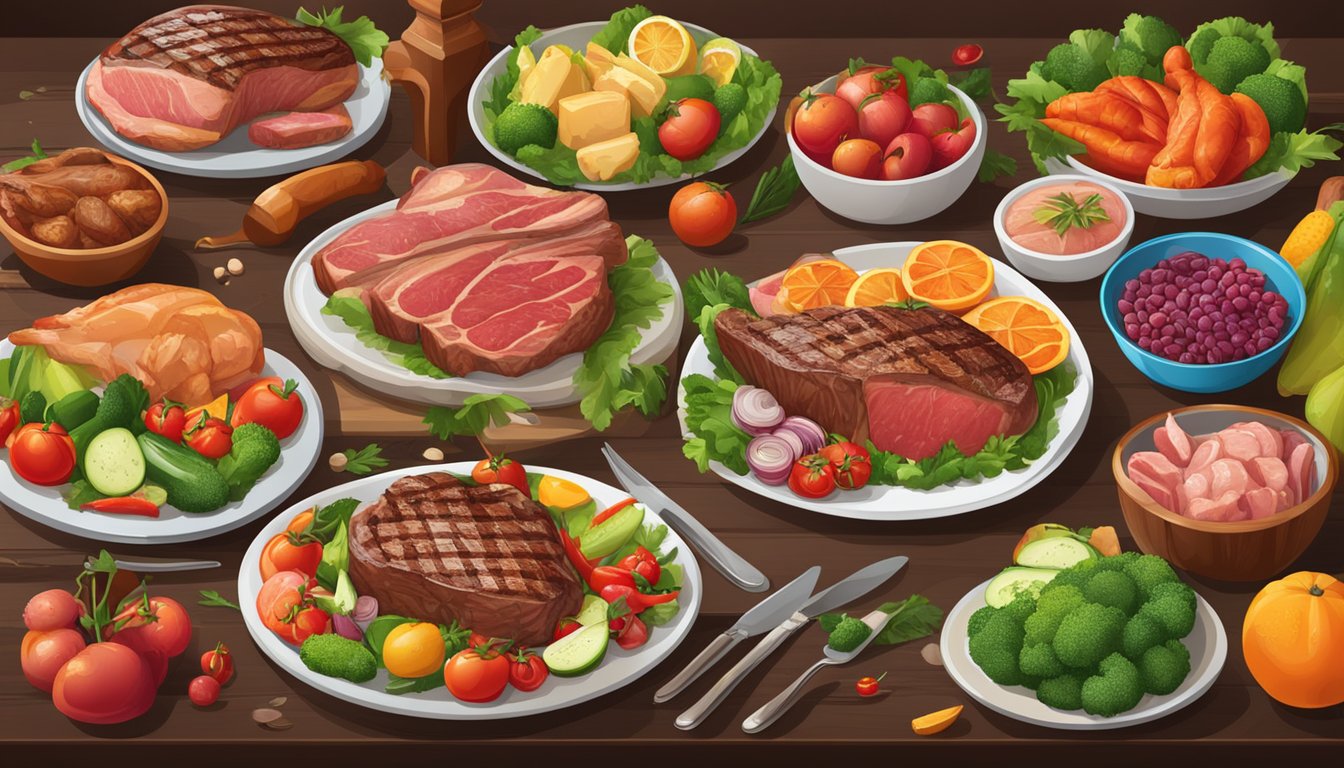 A table set with a variety of meats, including steak, chicken, and fish, surrounded by vibrant, fresh vegetables and fruits