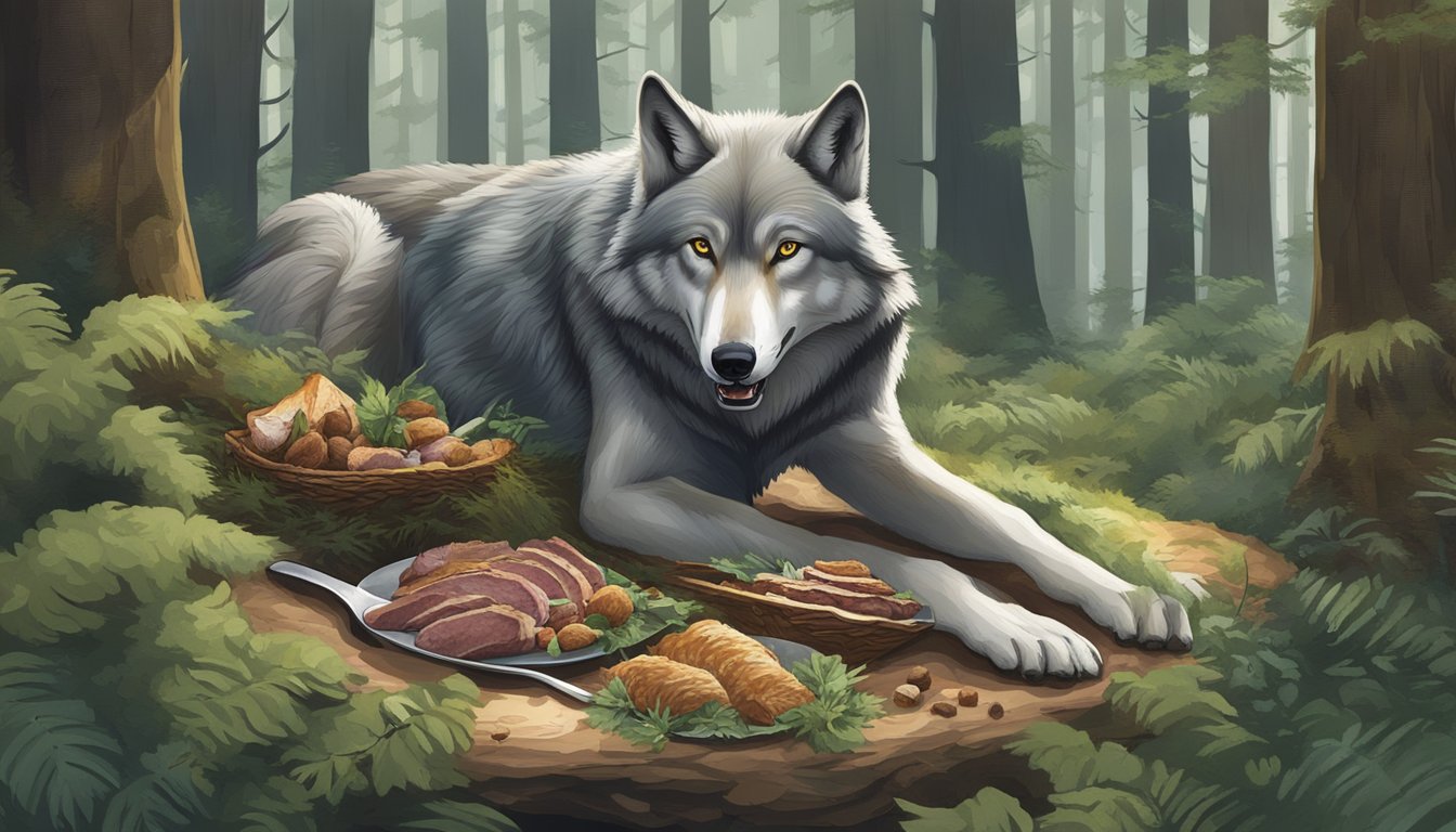 A wolf feasting on a fresh kill of venison, surrounded by the forest undergrowth