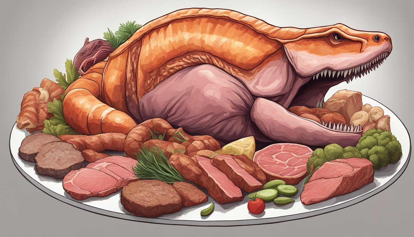 A carnivorous animal surrounded by various types of meat, with a question mark hovering above its head