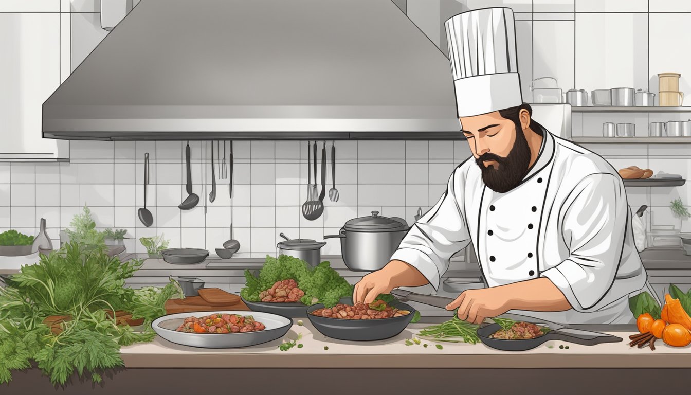 A chef preparing a gourmet dish with venison, surrounded by fresh herbs and spices