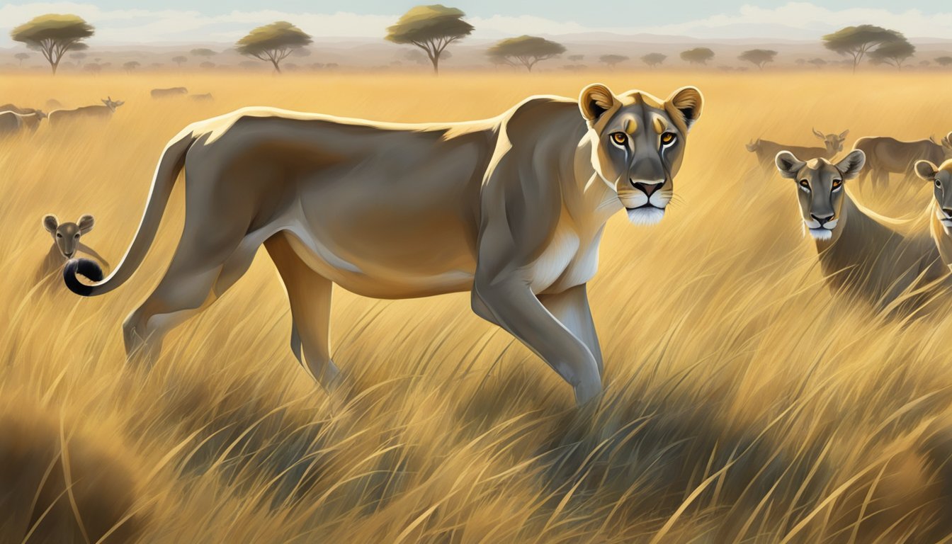 A lioness prowls through a grassy savannah, her sharp eyes fixed on a grazing herd of antelope