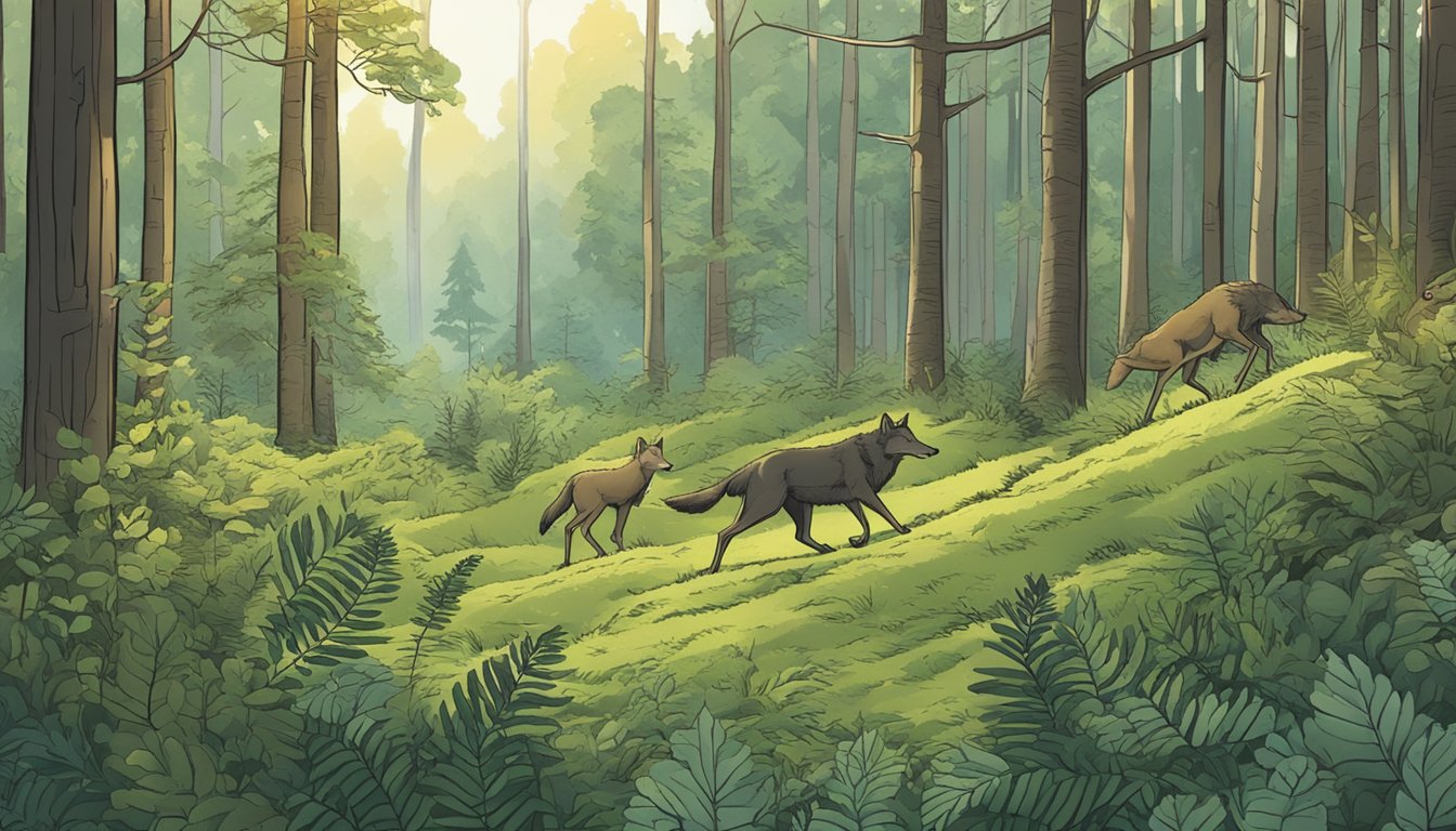 A wolf hunts a deer in a lush forest, showcasing the natural cycle of carnivore diet and sustainability