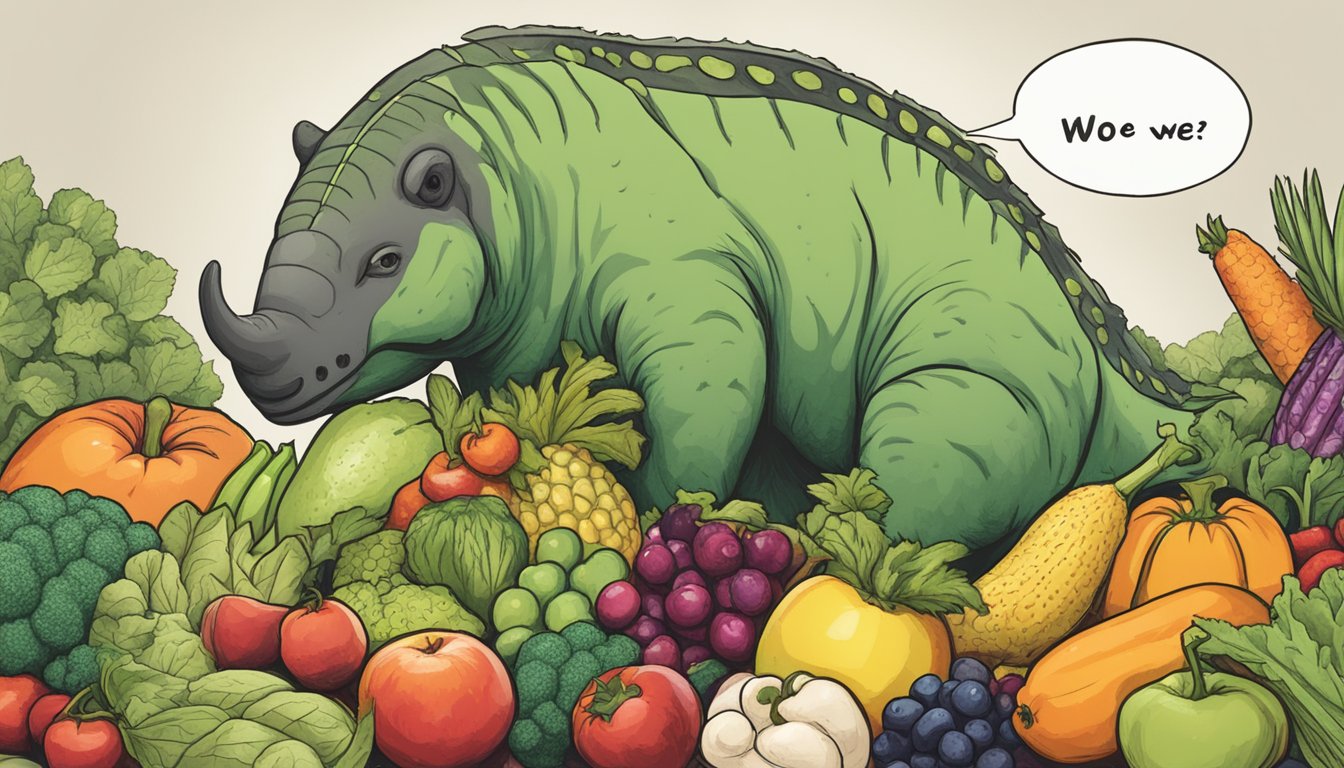 A carnivorous animal looking confusedly at a pile of fruits and vegetables, with a thought bubble containing the word "woe."