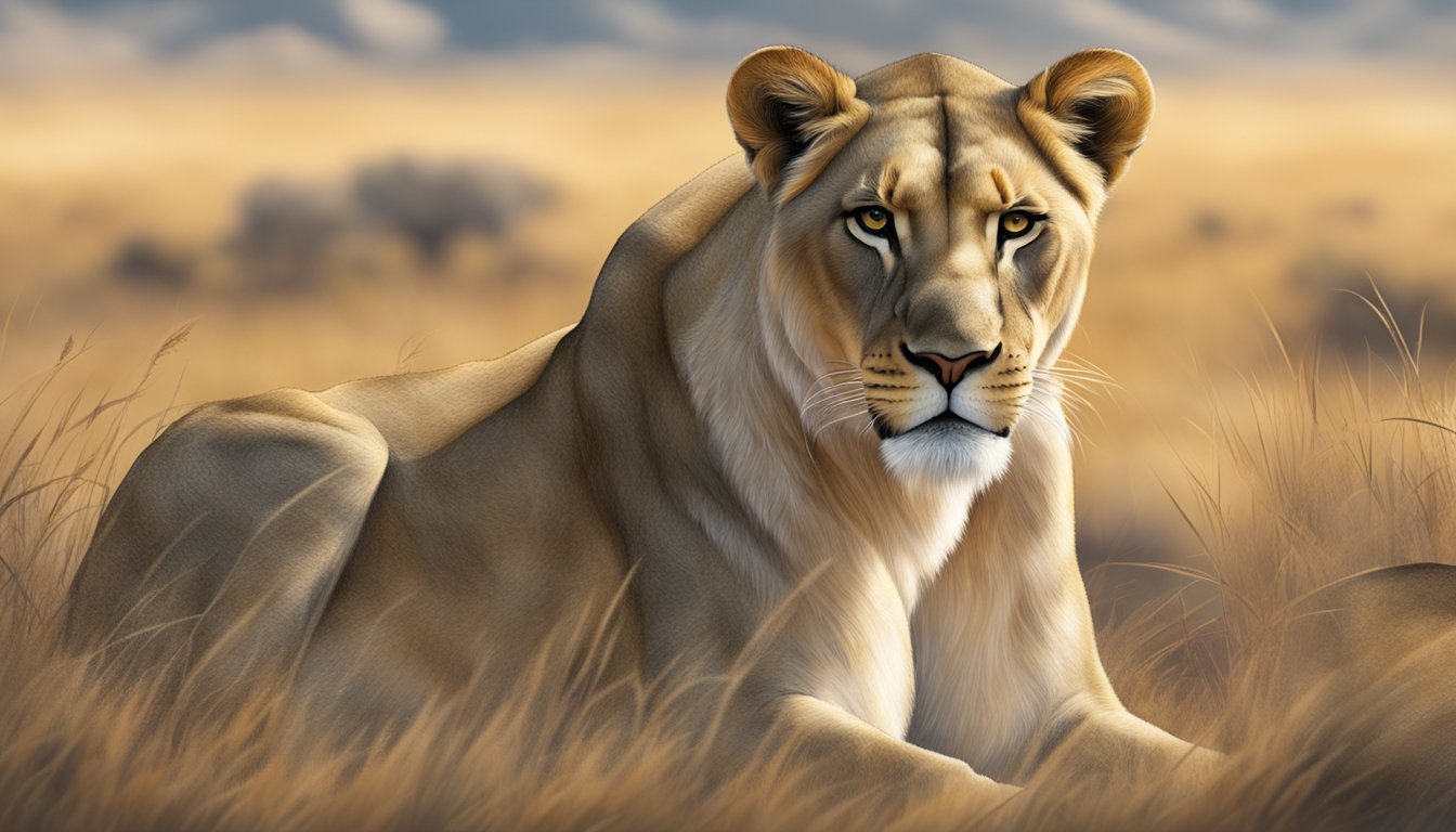 A lioness gazes sadly at an empty hunting ground, surrounded by wilting grass and a barren landscape