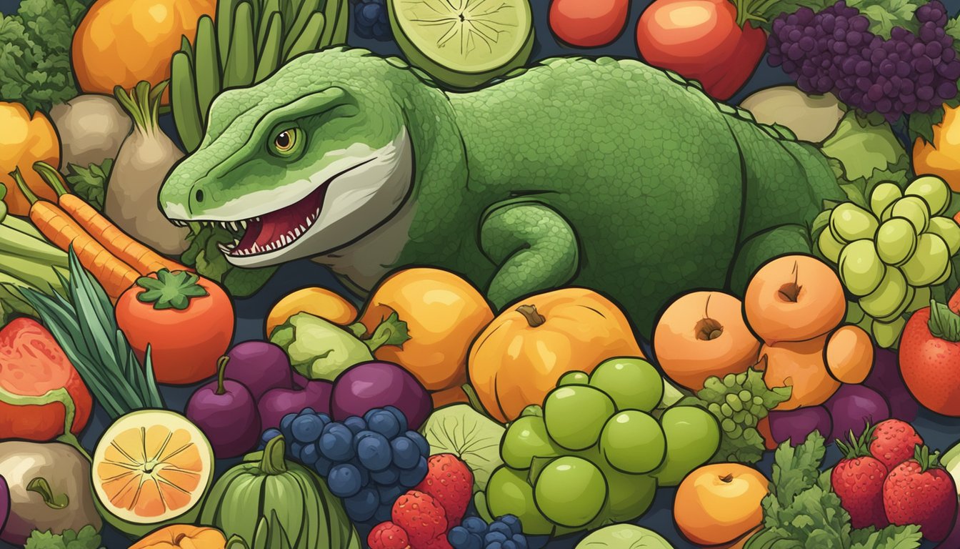 A carnivorous animal looking longingly at a pile of fruits and vegetables, expressing a sense of regret or dissatisfaction